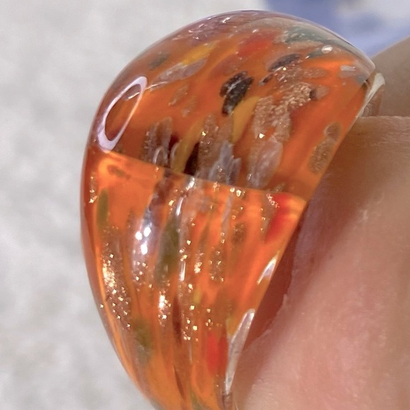 Vintage Art Glass Handmade Orange Black Gold Band Ring - Picture 7 of 14
